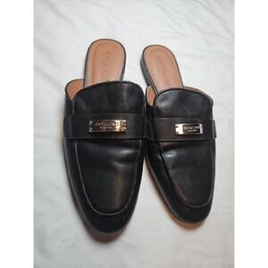 Coach 8.5 Loafer Flats Black Leather Slip On Shea Slides Mules Silver Logo Shoes